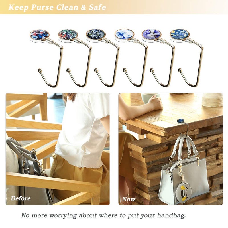 AUHOKY 6Pcs Portable Purse Hook Handbag Hanger for Table, Fashionable Long Handbag Bag Holder Under Counter, Christmas Stocking Holders Mantel Hooks for Women Girls Bags Storage(6 Vintage Patterns) - Image 2